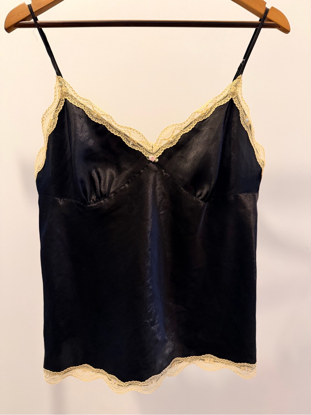 90s/Y2K Black Satin Cami with Cream Lace Trim